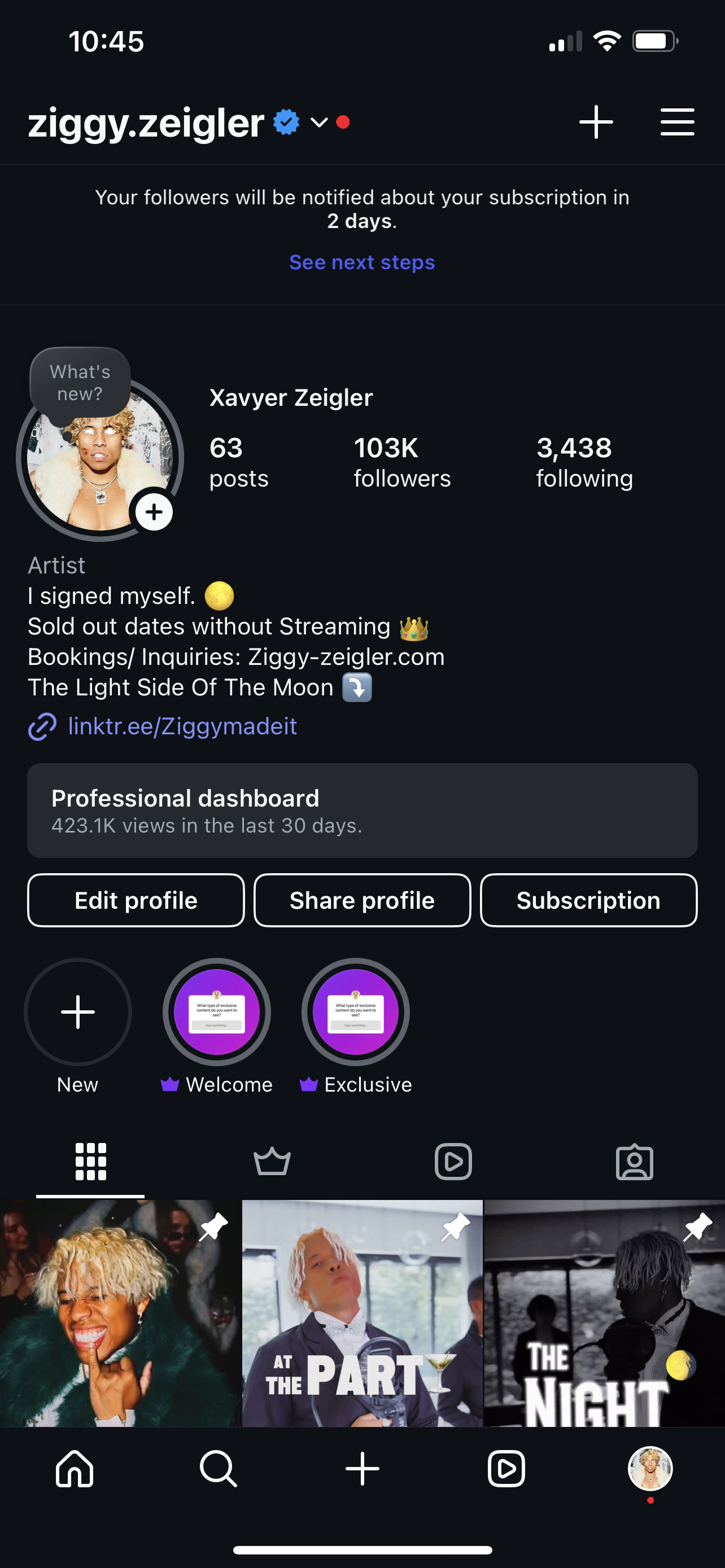 Main Instagram analytics showing 103K followers